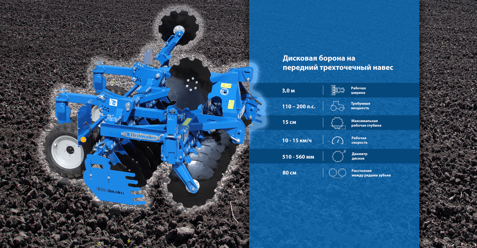 Ключевые характеристики дисковой бороны Rolmako на переднюю навеску